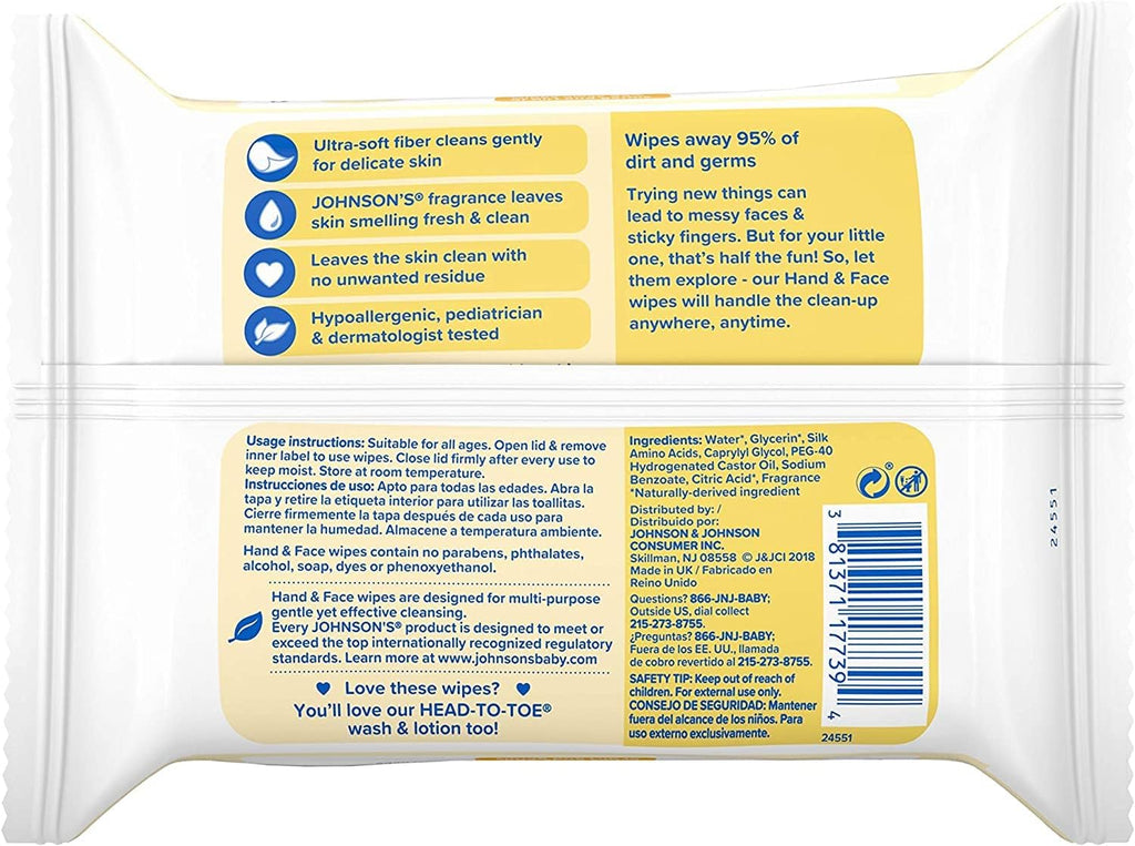 Johnson's Hand & Face Baby Wipes, 25 Count (Pack of 6)