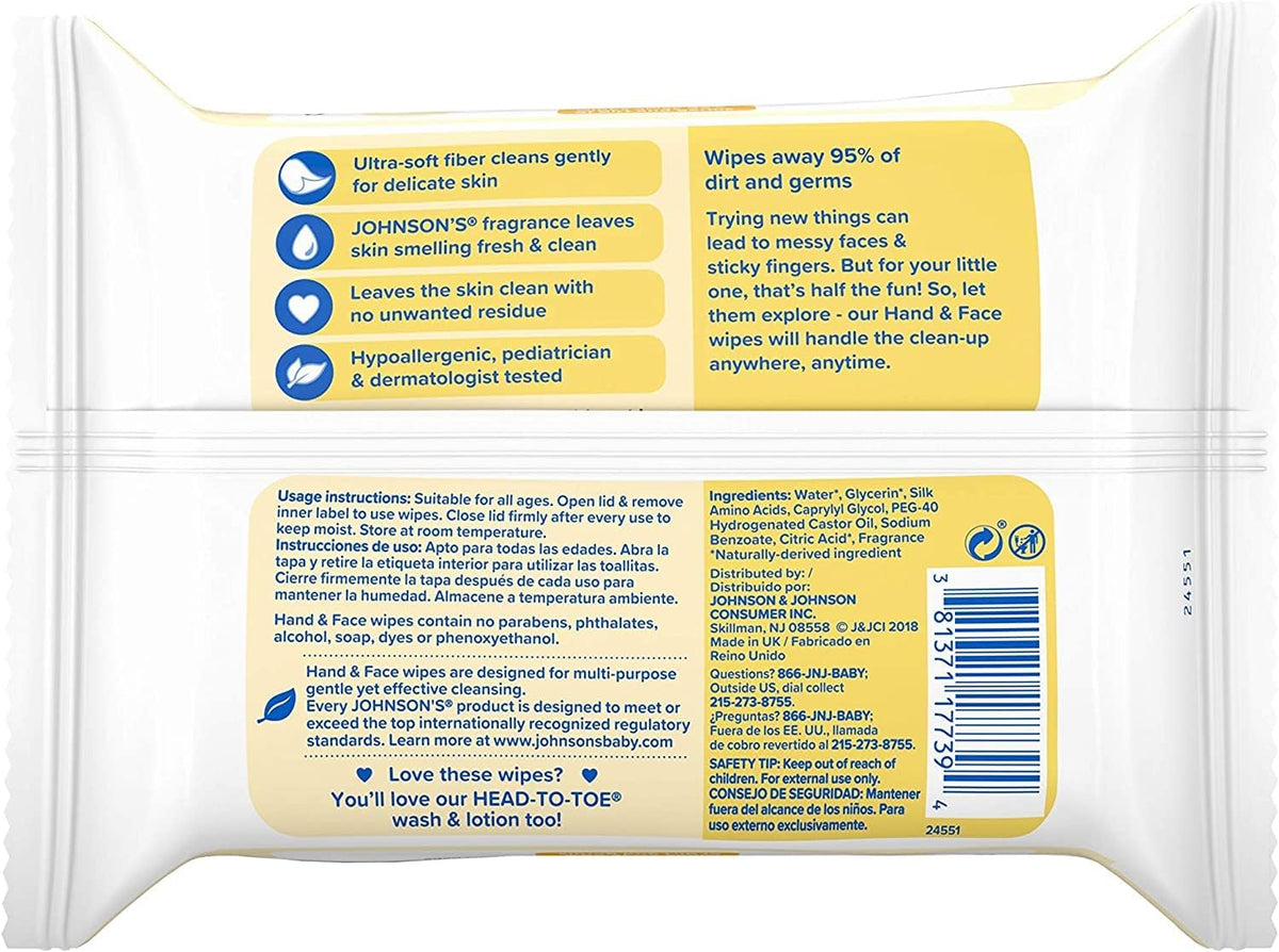 Johnson's Hand & Face Baby Wipes, 25 Count (Pack of 6)