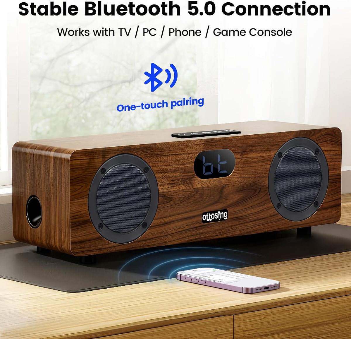 2.1 Sound Bar for Smart TV, Built-in 30W Subwoofer, Bluetooth 5.0,Optical/HDMI ARC/AUX/USB Inputs, Wooden Home
