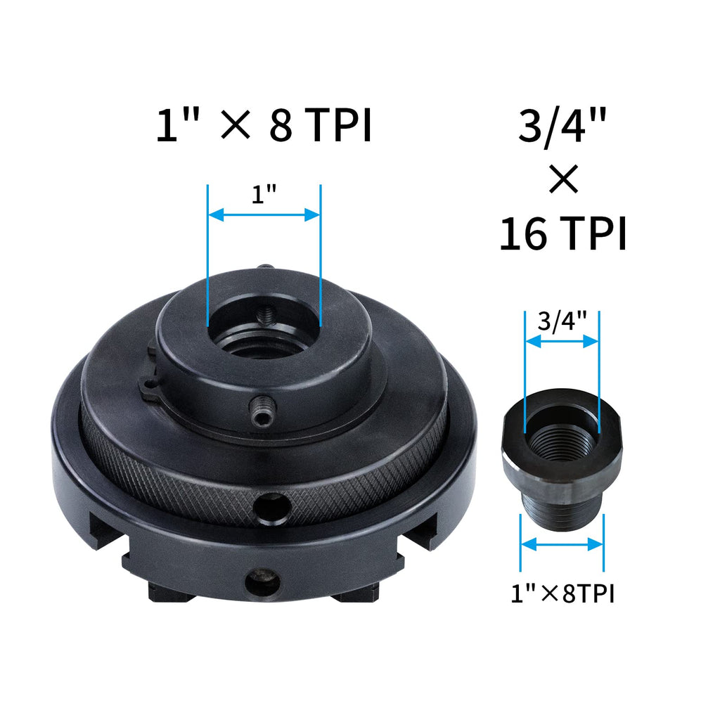 DEEFIINE 4 Inch Wood Lathe Chuck with 3/4"x16TPI to 1" x 8TPI Adapter