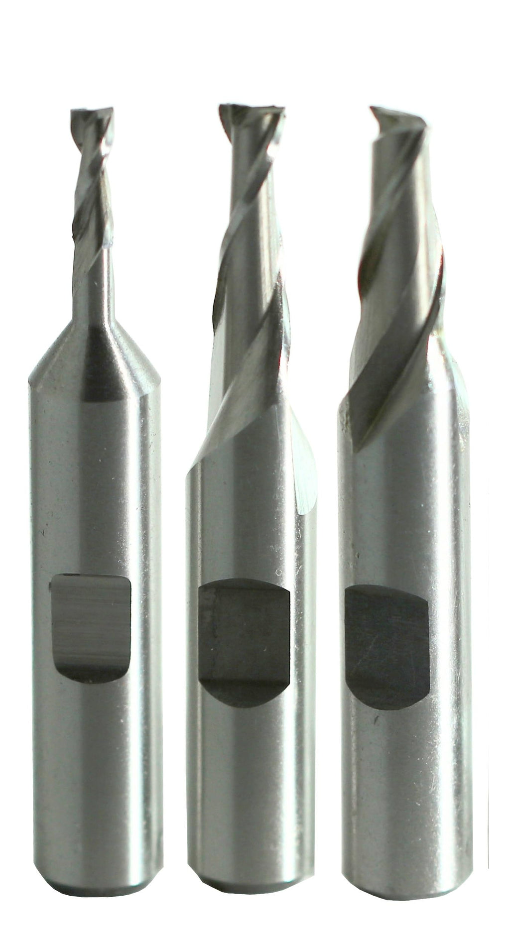 Drill America 3 Piece HSS End Mill Set, (1/8", 3/16" and 1/4") 2 Flutes 3/8" Shank