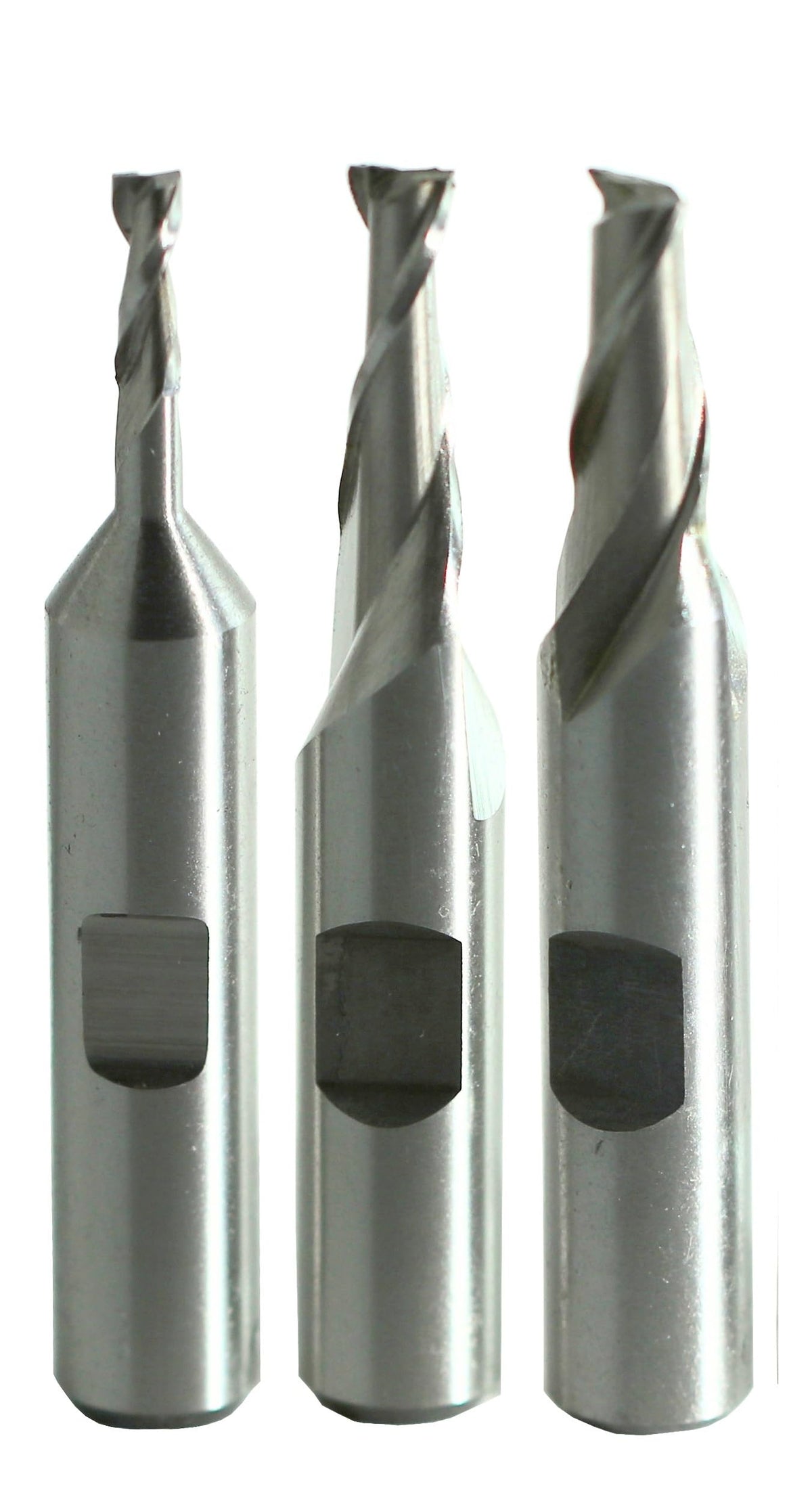 Drill America 3 Piece HSS End Mill Set, (1/8", 3/16" and 1/4") 2 Flutes 3/8" Shank