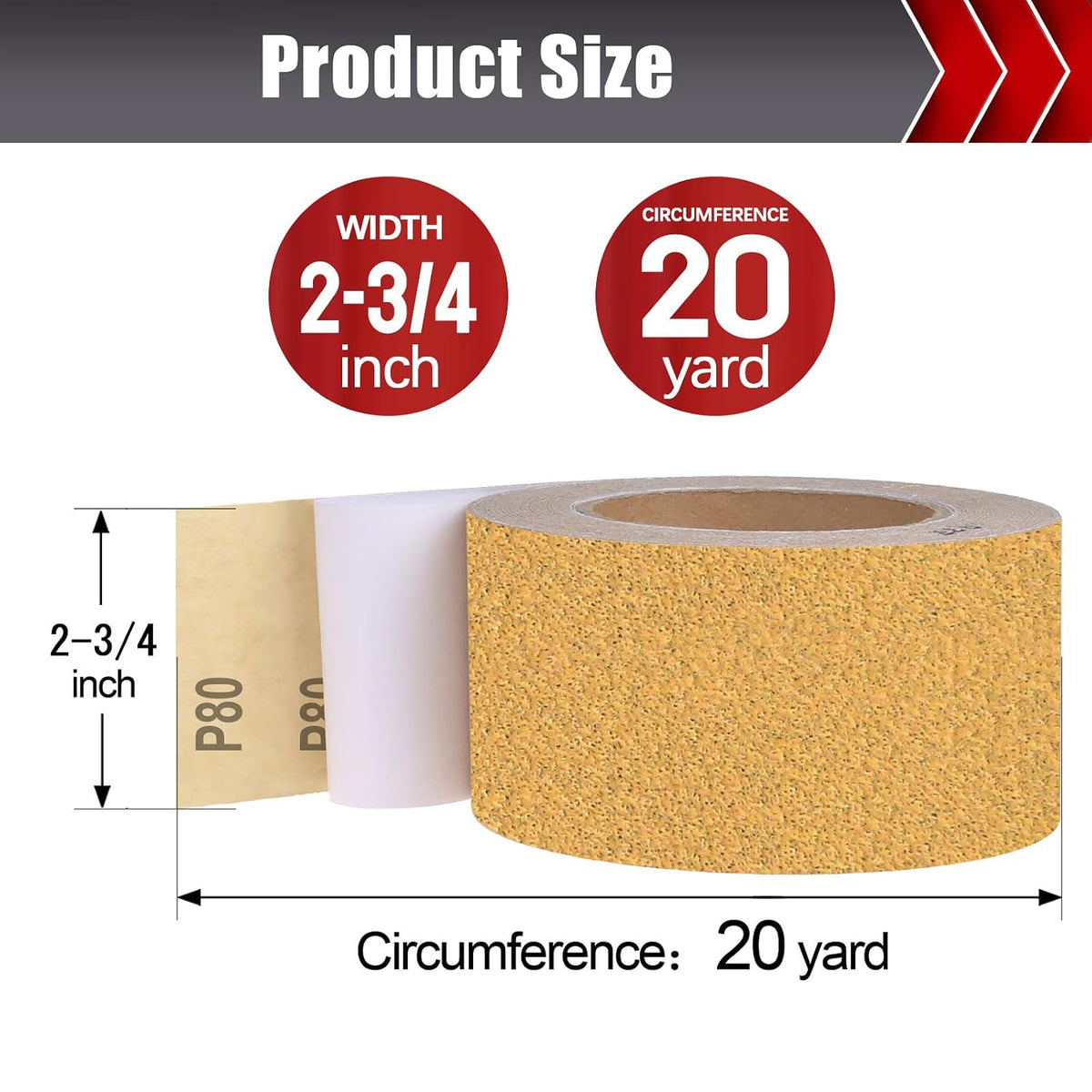 BOSHCRAFT 80 Grit PSA Longboard Sandpaper, 20-Yard Long Continuous Roll 2-3/4" Wide Self-Adhesive Sanding Paper for Auto Body Woodworking Metalworking