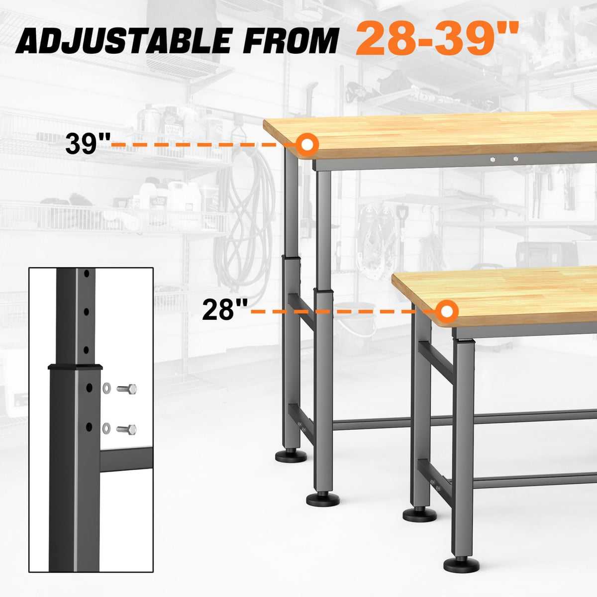 Adjustable Workbench with Rubberwood Top Rolling, 42x20 in Workbench
