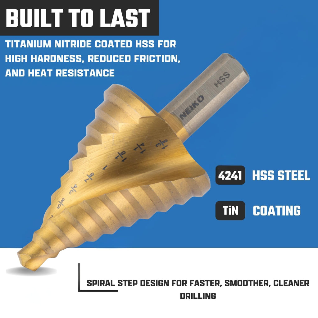 NEIKO 10612A Step Drill Bit, 10 Steps 1/4" to 1-3/8" Spiral High Speed Steel, Titanium Nitride Coated, 3/8" Tri Flat Step Bits for Steel, Metal, Wood, Plastic, Unibit Cone Drill Bits, Two Flute