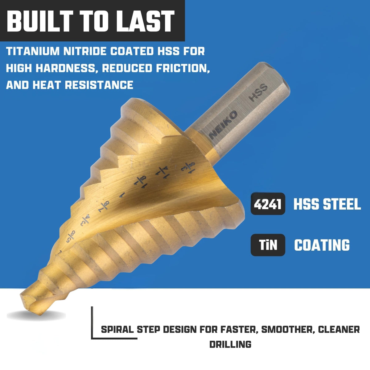 NEIKO 10612A Step Drill Bit, 10 Steps 1/4" to 1-3/8" Spiral High Speed Steel, Titanium Nitride Coated, 3/8" Tri Flat Step Bits for Steel, Metal, Wood, Plastic, Unibit Cone Drill Bits, Two Flute