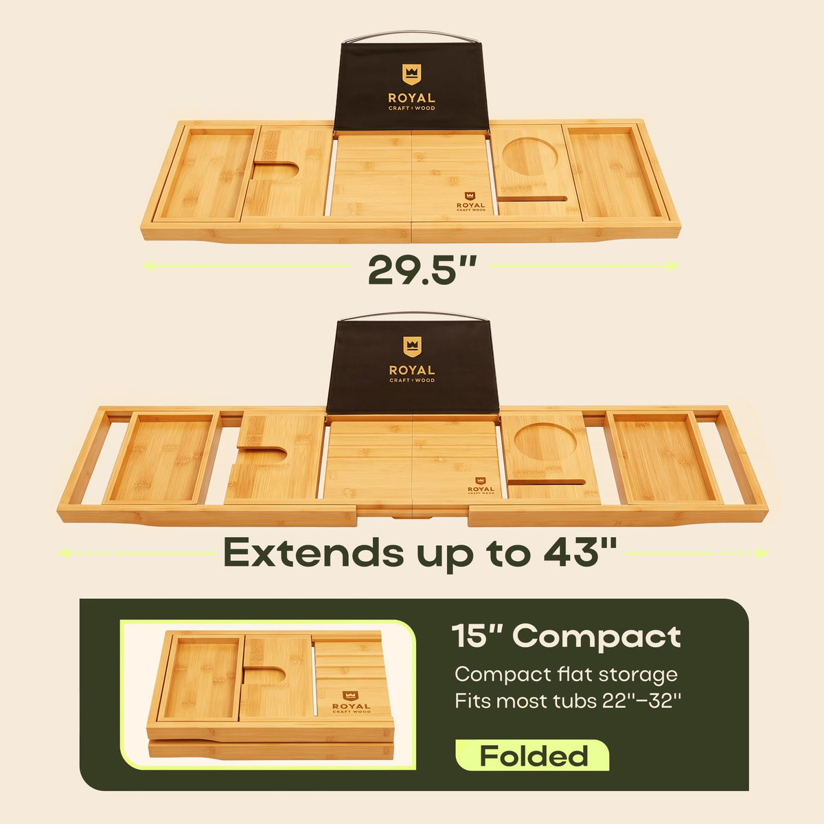 Premium Foldable Bathtub Tray Caddy - Wood Bath Tray for Tub, Bamboo Shelf, Expandable Bath Table Trays, Bathtub &