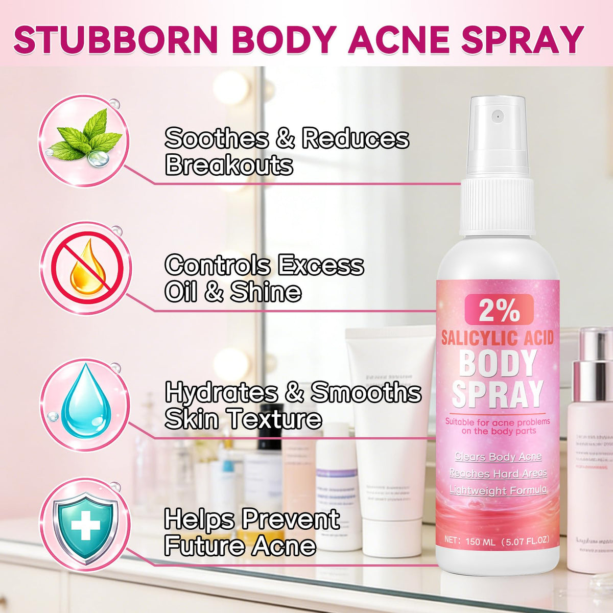 2% Salicylic Acid Spray, 360°Acne Spray, Targets Blemishes, Blackheads, Reduces Body Breakouts, Pore Clarifying