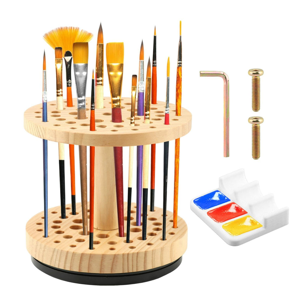 360° Rotating Brush Rack – 52-Hole Hardwood Stand for Crafts/Art/Makeup