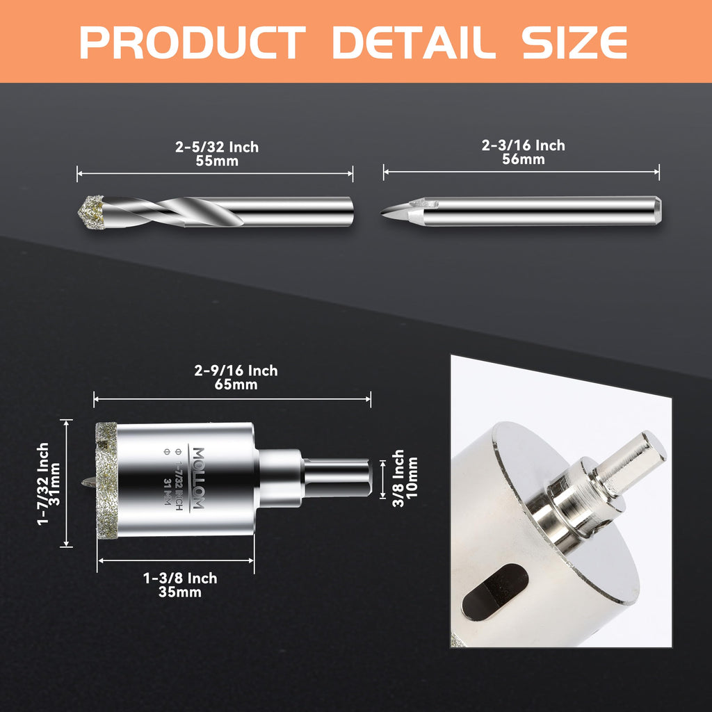 MOLLOM 1-7/32" (31mm) Diamond Hole Saw with 2 Pilot Drill Bit