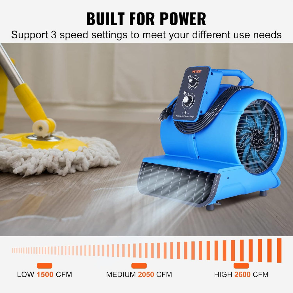 Air Mover, 1/2 HP 2600 CFM Carpet Dryer for Cooling and Ventilating | Portable Floor Blower Fan, 4 Blowing Angles and
