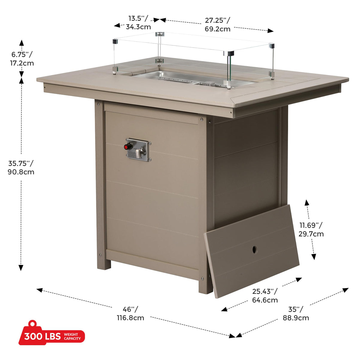 46" Modern Backyard Patio Rectangular Gas Propane Fire Pit Table (Rocks Not Included), Weathered Wood