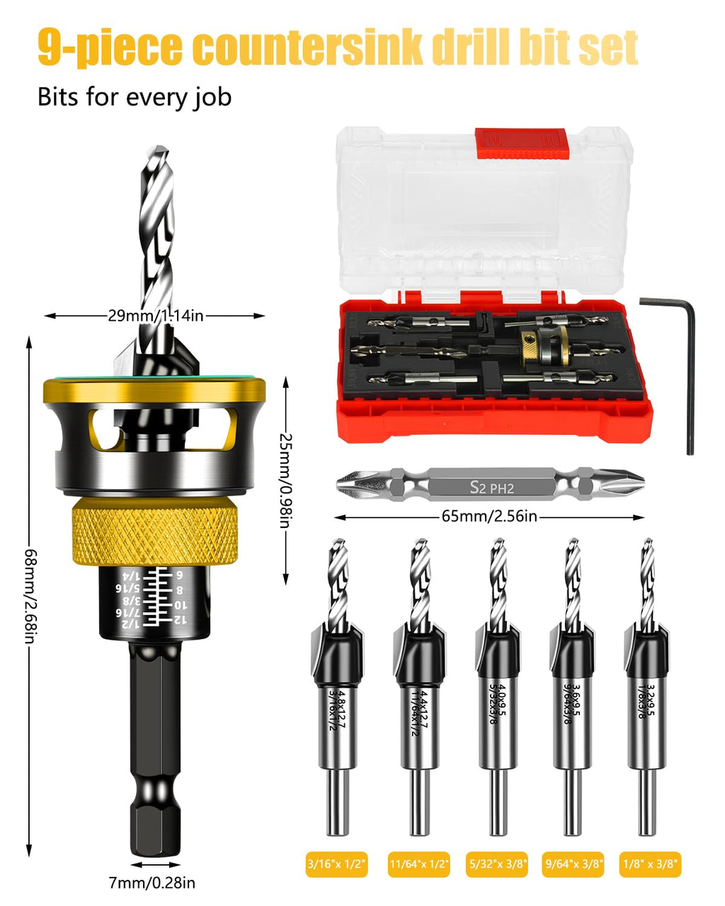 9PCS Countersink Drill Bit Set with Adjustable Depth Stopper