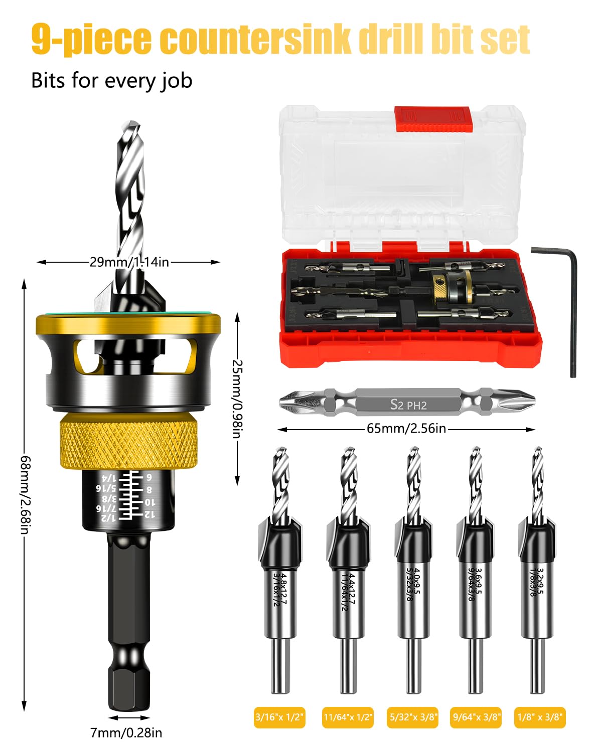 9PCS Countersink Drill Bit Set with Adjustable Depth Stopper