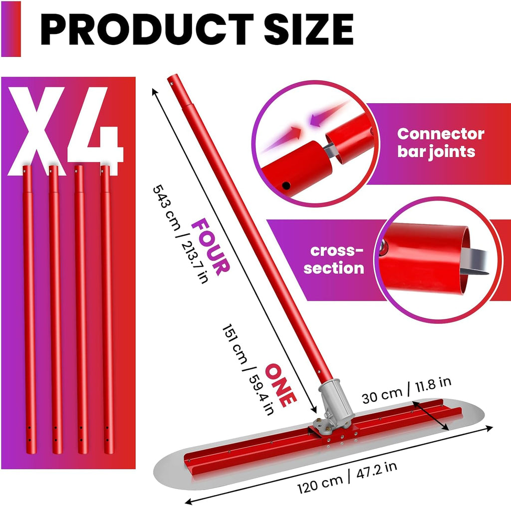 48''x12'' Concrete Finishing Tool, Bull Float with Round End Fresno Trowel, Stainless Steel Board, Adjustable Bracket