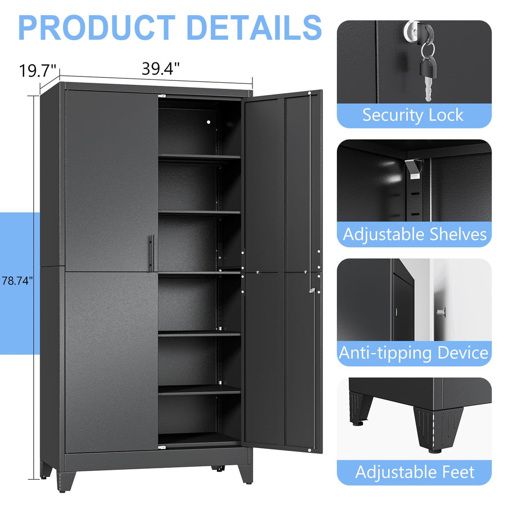 78.74" Metal Garage Storage Cabinet, Lockable Tall Tool Cabinet, Black