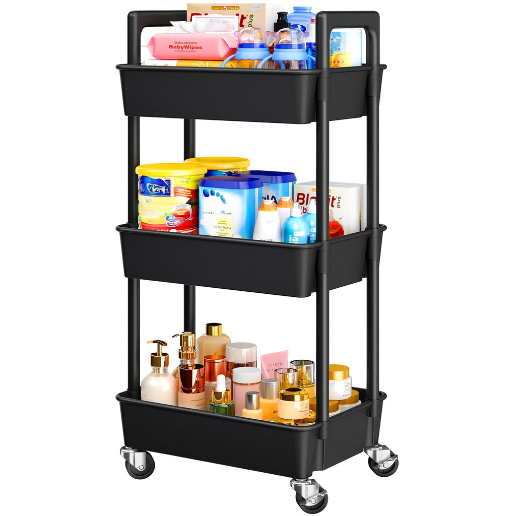 3 Tier Rolling Cart with Handle & Wheels for Storage, Black