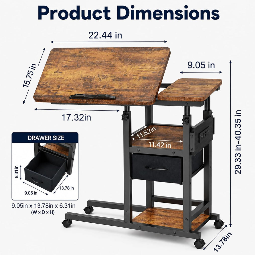 Adjustable Overbed Bedside Table with Wheels, Charging Station