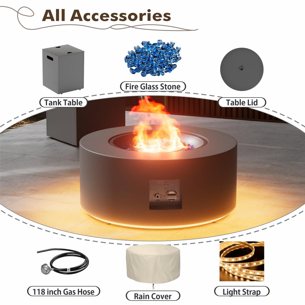 30" Round Outdoor Propane Fire Pit Table with LED for Outside Patio