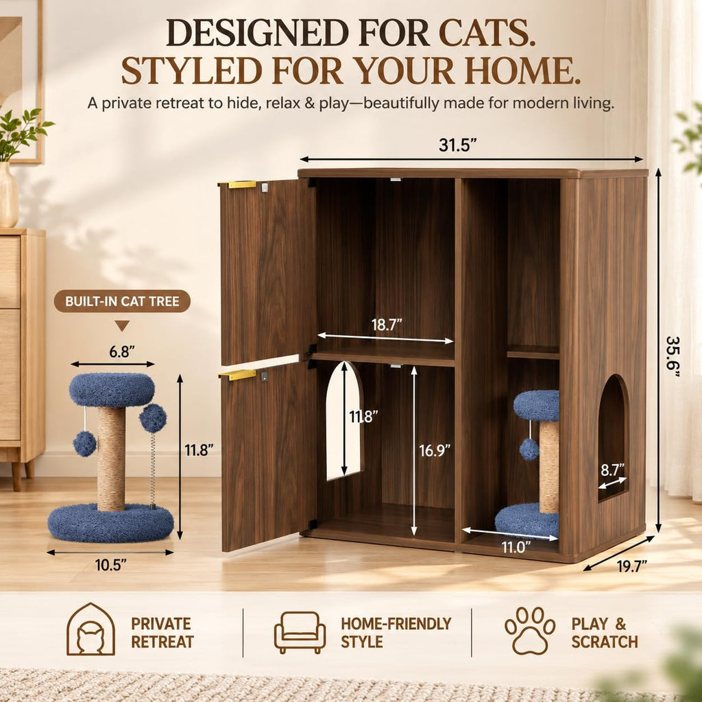 Hidden Cat Litter Box Enclosure with Cat Tree, Dual Entry, Scratching Post