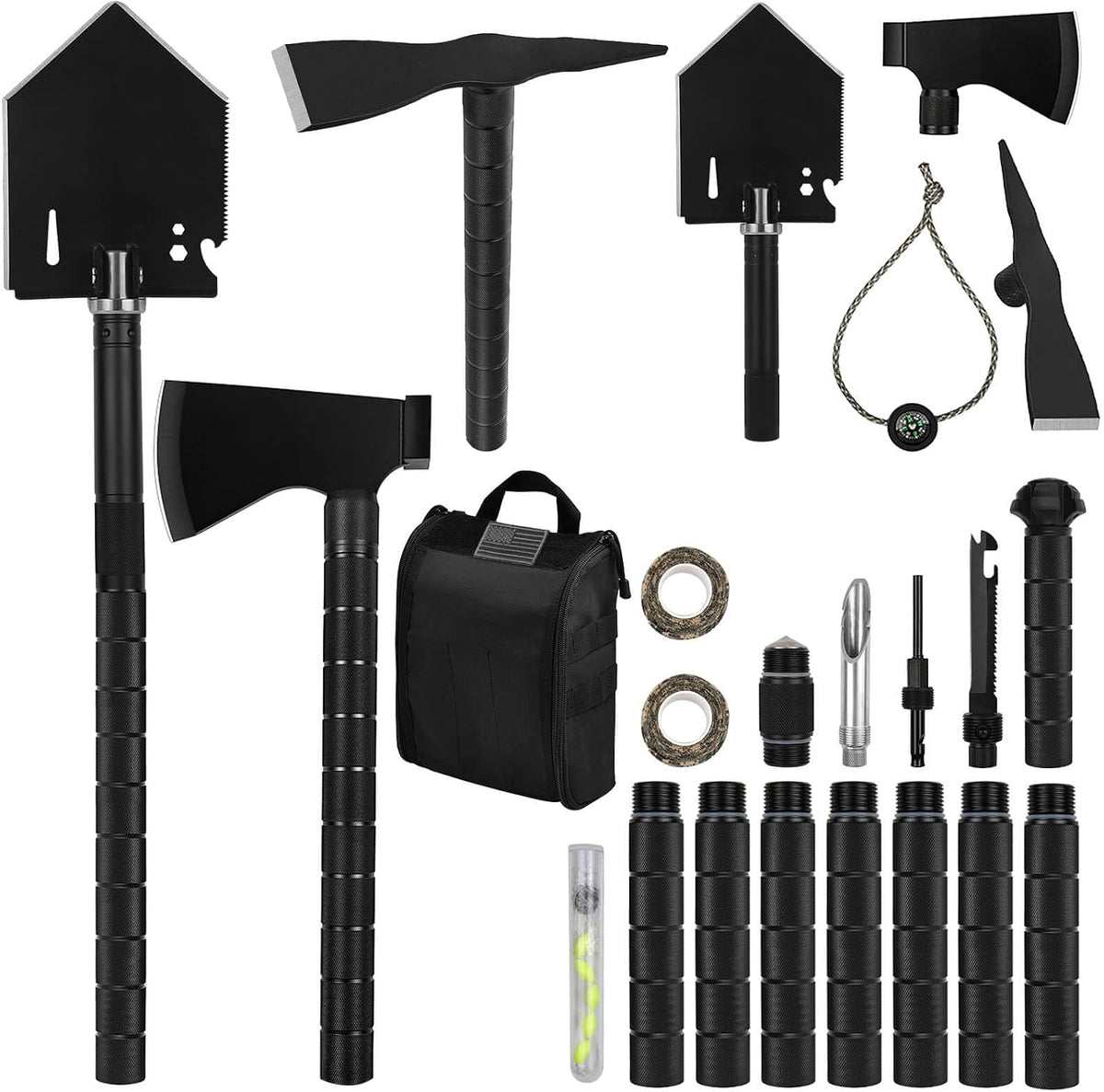 Survival Off-Roading Tool Kit, 19 in 1 Folding Shovel, Camping Axe, Multitool, Pickaxe, with Carrying Bag, for