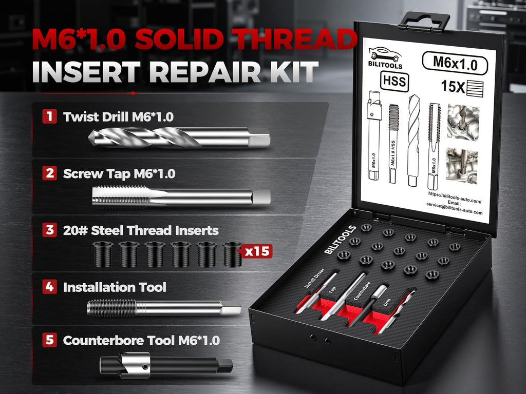 BILITOOLS M6x1.0 Thread Repair Kit, 15‑Piece 1020 Carbon Steel Inserts