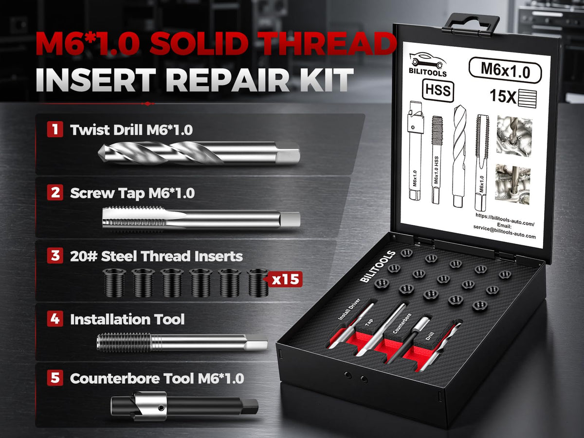 BILITOOLS M6x1.0 Thread Repair Kit, 15‑Piece 1020 Carbon Steel Inserts