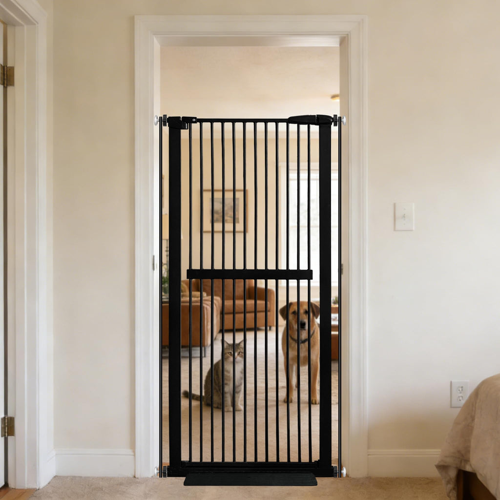 61.02" x 30.12-34.05" Wide Extra-Tall & Extra-Wide Adjustable Hardware/Pressure-Mounted Pet & Child Safety Gate with Dual-Lock Walk-Through Swing Door for Stairs, Hallways & Wide Doorways — Black