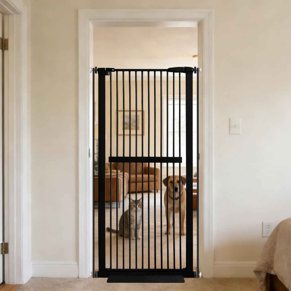 61.02" x 30.12-34.05" Wide Extra-Tall & Extra-Wide Adjustable Hardware/Pressure-Mounted Pet & Child Safety Gate with Dual-Lock Walk-Through Swing Door for Stairs, Hallways & Wide Doorways — Black