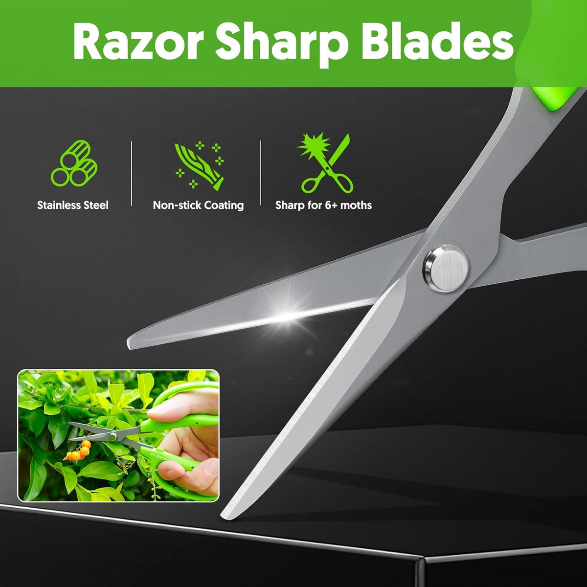 Garden Scissors, 2 PCS, Curved Blade, 6-in, Non-Stick Coated Steel, Sharp | Pruning Shear, Gardening Tools, Garden