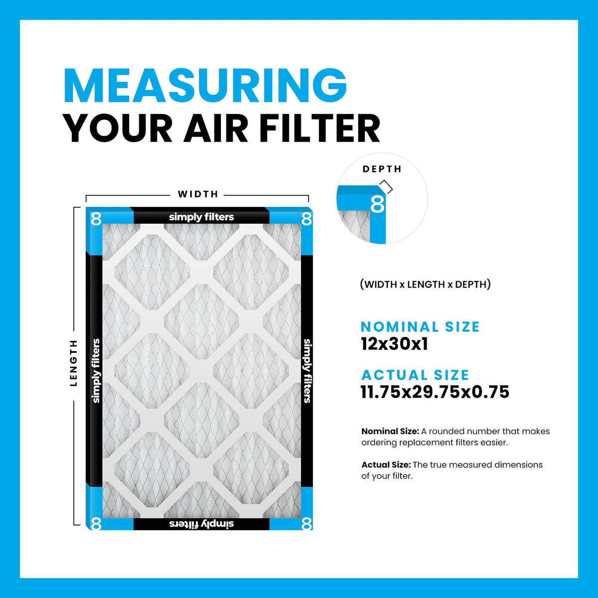 12x30x1 Air Filter, Merv 8, 6 Pack, For Home AC Furnace & HVAC (Actual Size: 11.75"x29.75"x0.75") DUST, Pet, &