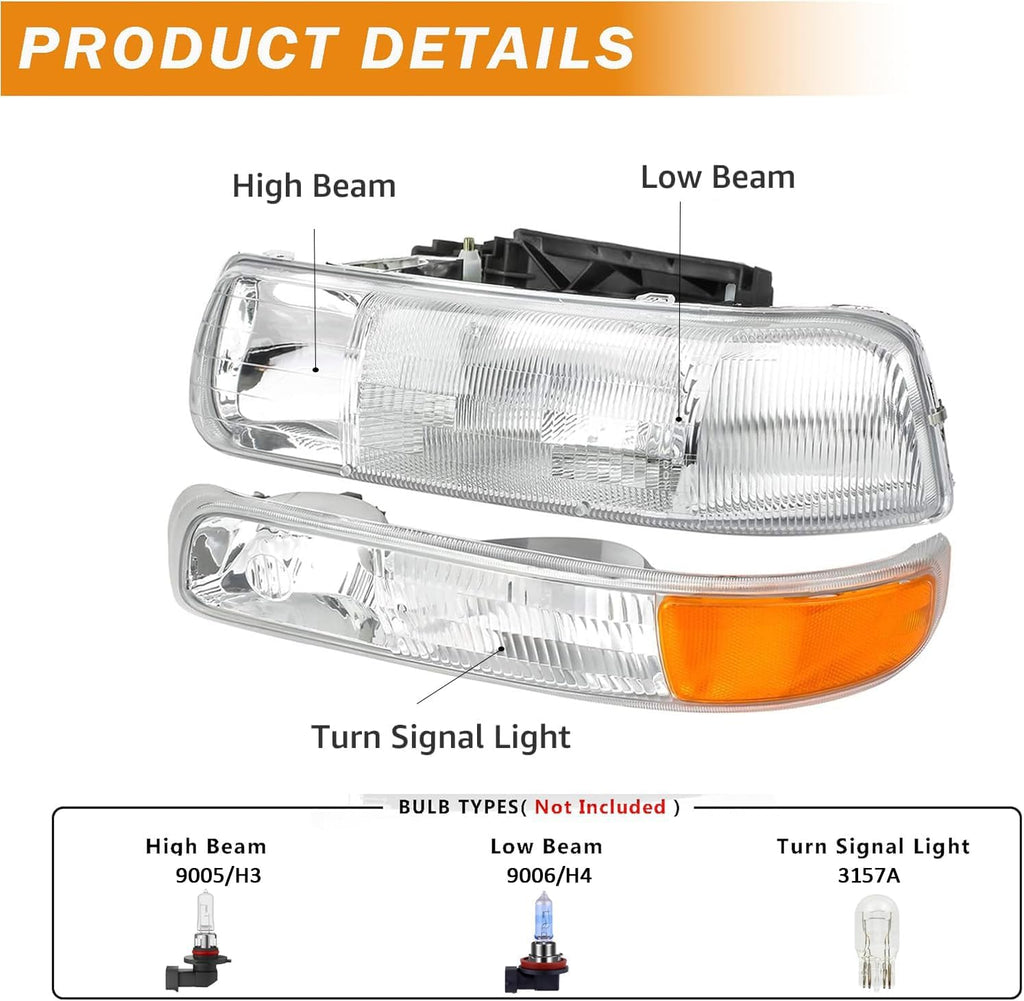 A&P 4PCS Headlight Assembly Chrome Housing Clear Lens For Chevy 00-06 Tahoe Suburban 1500 2500/99-02 Silverado 1500 2500/01-02 Silverado 1500HD 2500HD 3500