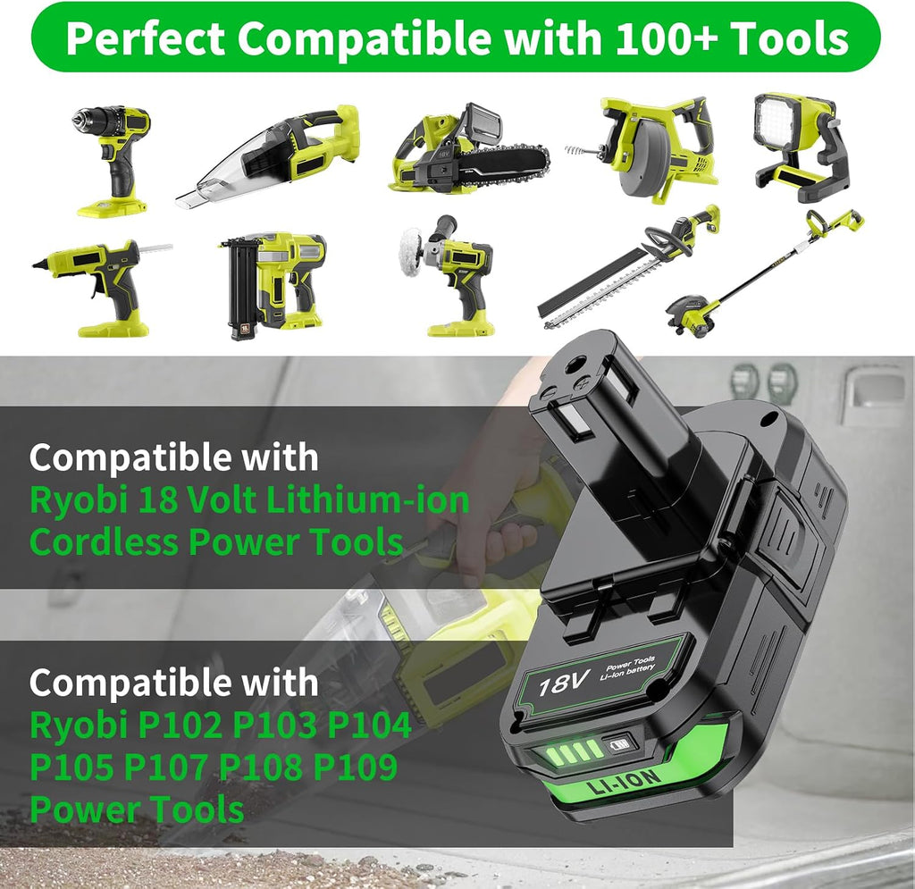 2 Pack 4.0Ah 18V Replacement for Ryobi 18V Battery and Charger Combo Compatible with Ryobi ONE+ 18 Volt Battery P108 P102 P103 P104 P105 P107 P109 P122 Cordless Power Tools
