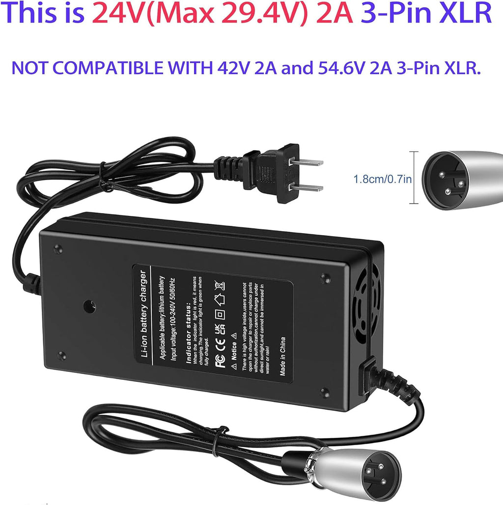 24V(Max 29.4V) 2A 3-Pin Male XLR Charger for Electric Scooter Pride Mobility, Drive Medical,GoGo Mobility Scooter, Go-Go Elite Traveller, Plus HD US, Ezip Mountain Trailz, Jazzy Power Chair,Shoprider