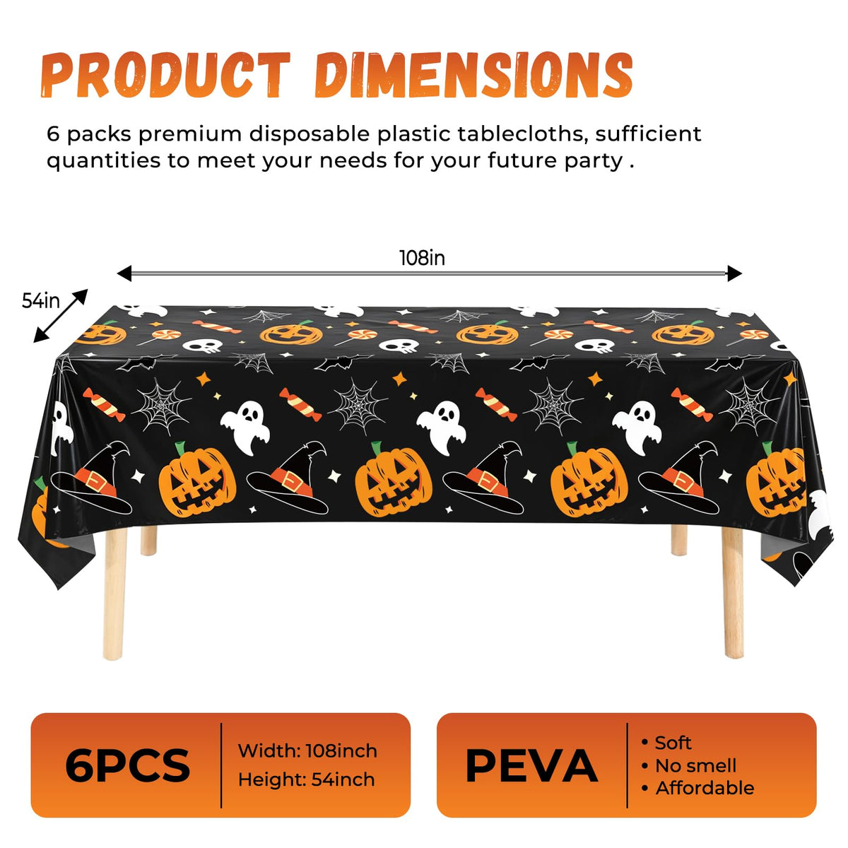 6 Pack Halloween Tablecloth, 54" x 108" Rectangular Plastic Halloween Pumpkin Ghost Table Cloth Large Size Halloween