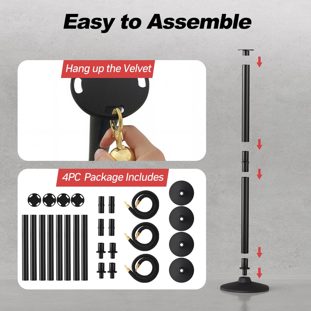4 Pack Plastic Stanchion Posts, 3 Black Velvet Ropes, Crowd Control