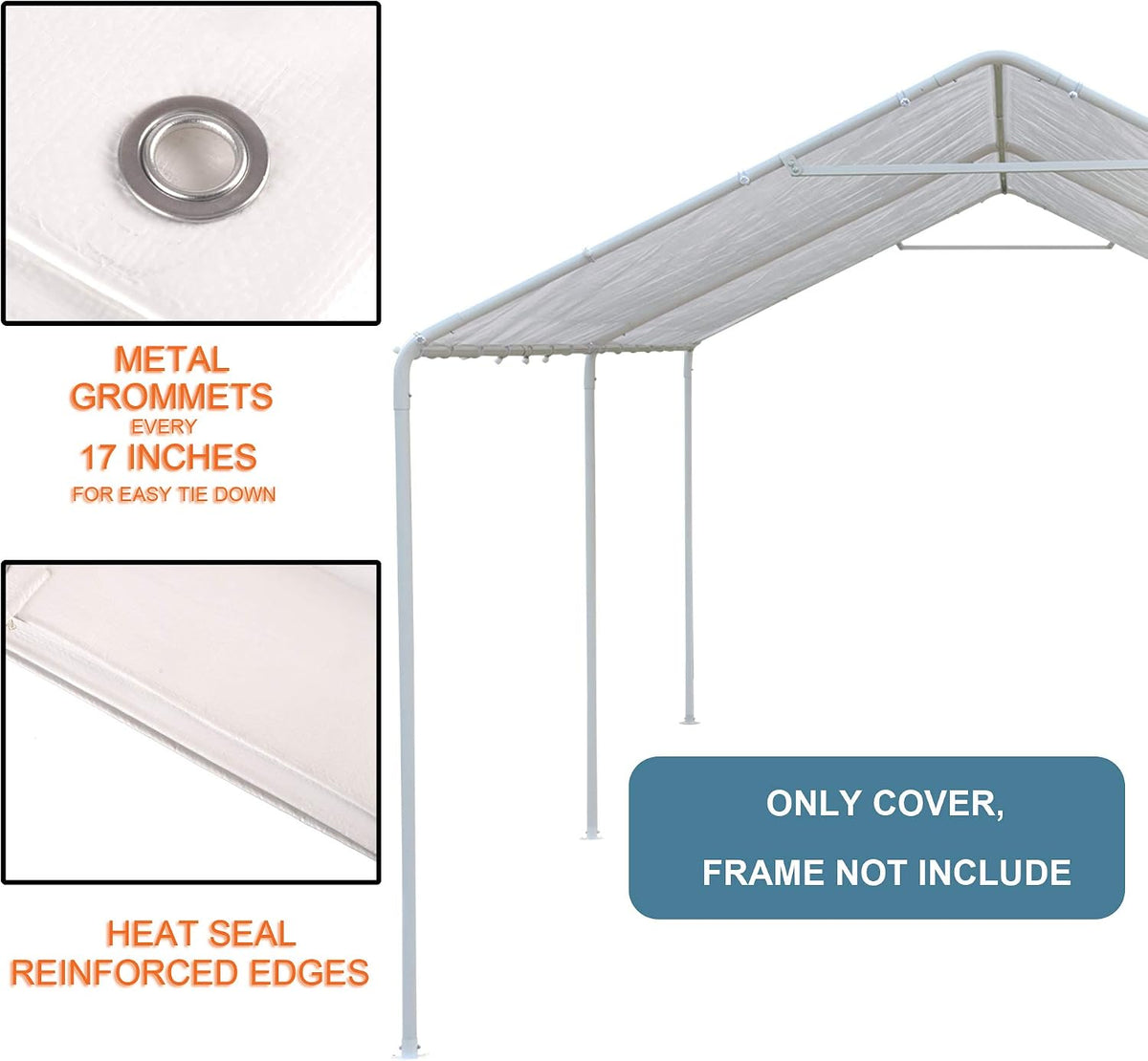 10 x 20 Ft Carport Replacement Canopy Cover Garage Top Tent Shelter Tarp with Free 44 Ball Bungee Cords,White(Only