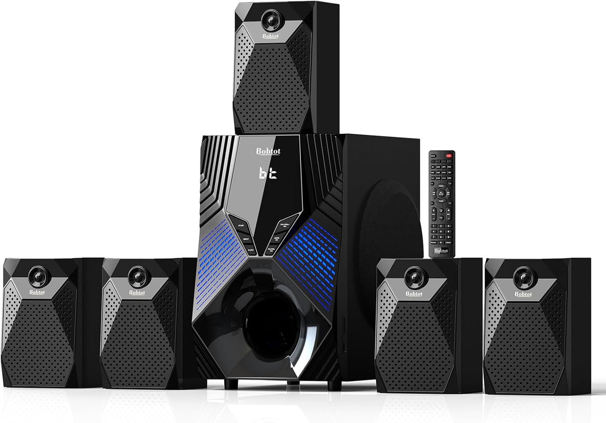 Home Theater System, 1000 Watts Peak Power Surround Sound Systems | 5 Wired Satellite Audio Speakers 8" Subwoofer