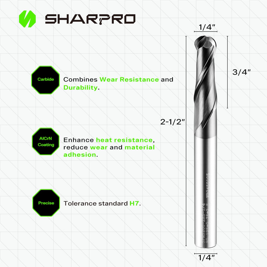 SHARPRO 1/4'' Shank Carbide Ball Nose End Mill Bits, 2 Flute Solid Carbide