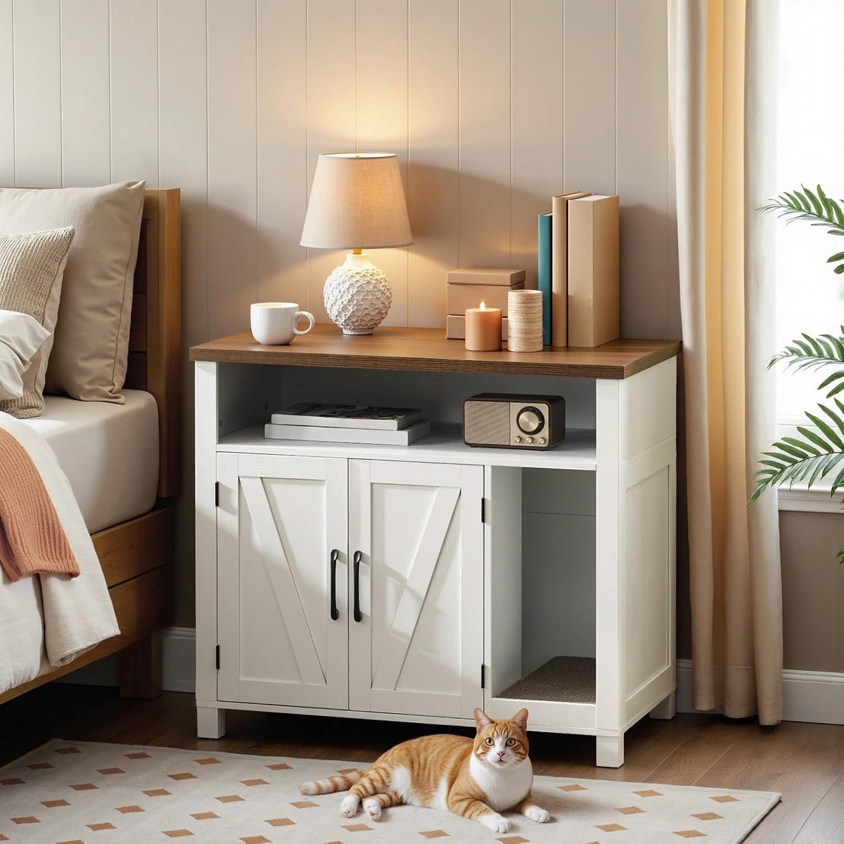 Cat Litter Box Enclosure, Farmhouse Hidden Litter Box with Scratch Pad, Litter Box Furniture with Storage Layer, End