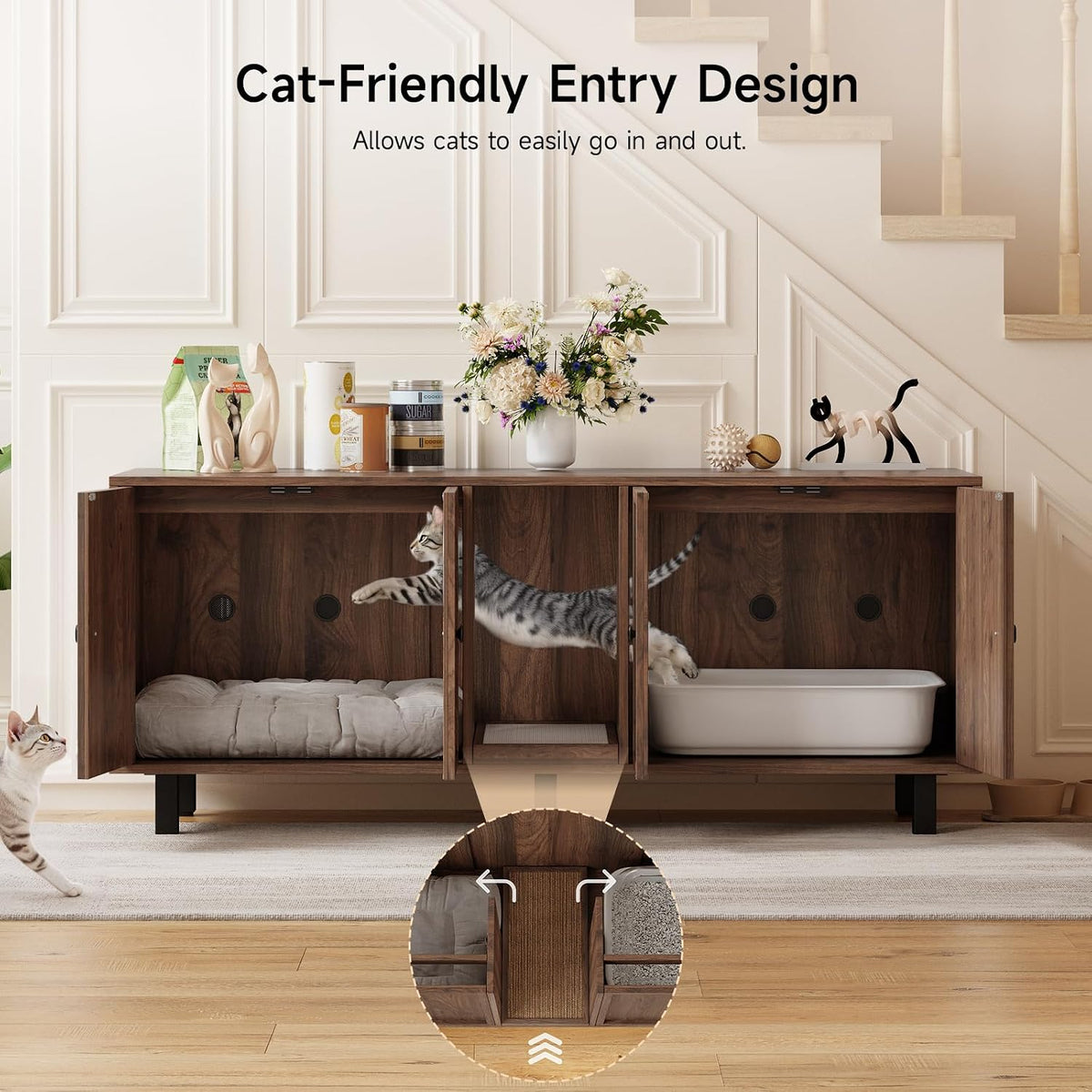 59 Inches Cat Litter Box Enclosure for 2 Cats, Walnut