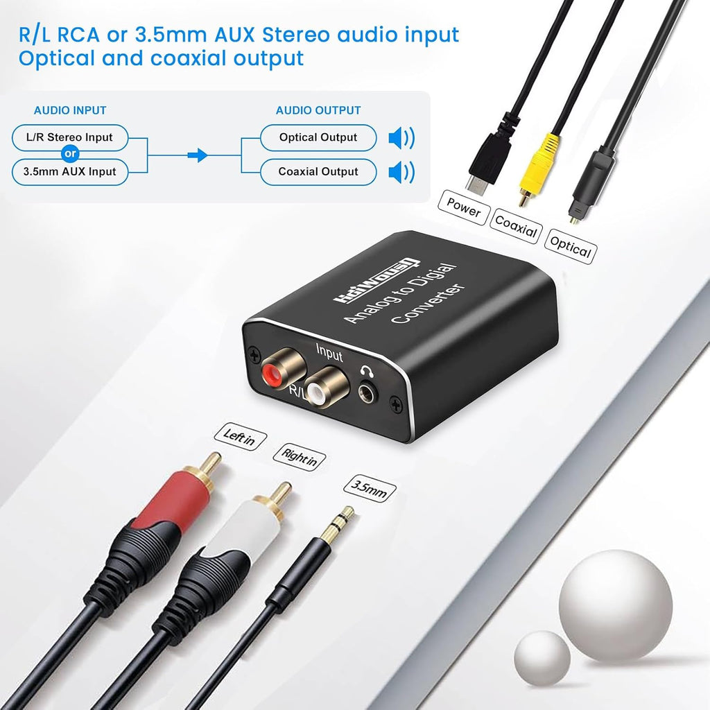 Analog to Digital Audio Converter, Hdiwousp RCA R/L or 3.5mm Jack AUX to Digital Coaxial Toslink Optical SPDIF Audio
