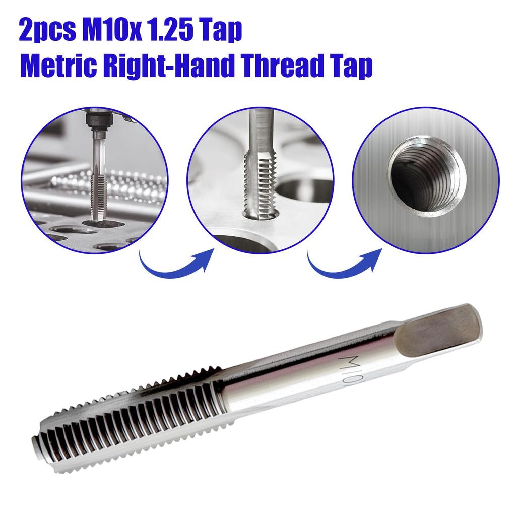 2Pack M10 x 1.25 Metric Thread Tap, M10 x 1.25mm High-Speed Steel Hand Tap,Right Hand Thread Tap 1Pair