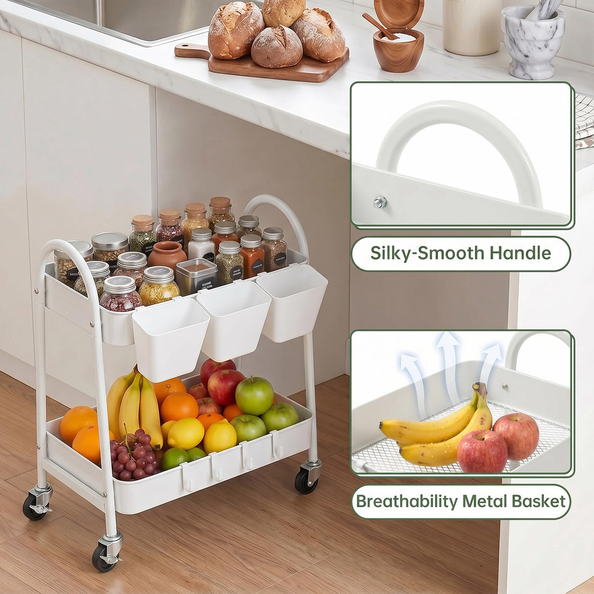 2-Tier Rolling Cart, White Utility Cart with Lockable Wheels