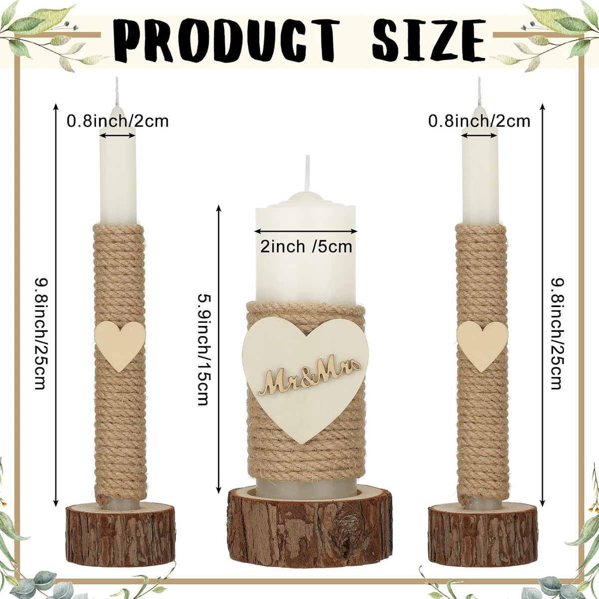3 Pcs Rustic Unity Candles for Wedding Ceremony Set Mr and Mrs Burlap 1(5.9'') Pillar 2(9.8'') Taper Candles for