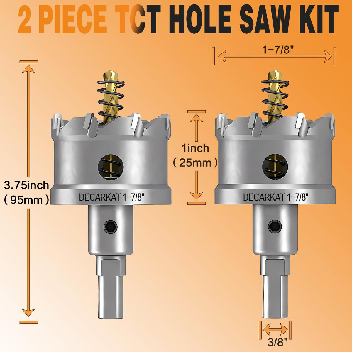 2-Pack 1-7/8" TCT Hole Saws for Hard Metal, Heavy Duty 48mm Tungsten Carbide Tipped Hole Cutters Set with Spring-Loaded Pilot Drill Bits for Stainless Steel, Metal, Iron, and Plastic.