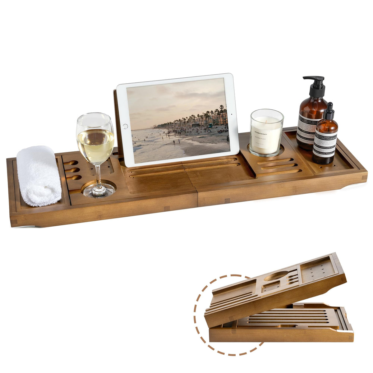 Bamboo Bathtub Tray Caddy, Adjustable Walnut Finish 28.5‑40"