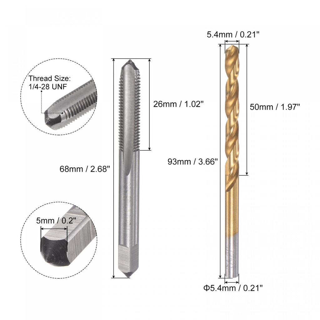 uxcell 1/4-28 UNF Straight Flute Thread Tap and 5.4mm Twist Drill Bit Set, Titanium Plated 6542 High Speed Steel Drilling Bit Machine Threading Tap