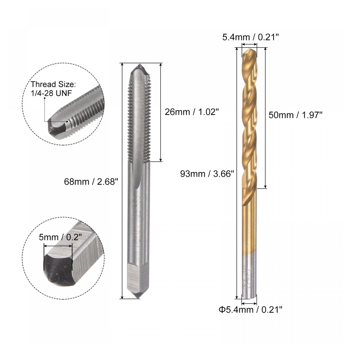 uxcell 1/4-28 UNF Straight Flute Thread Tap and 5.4mm Twist Drill Bit Set, Titanium Plated 6542 High Speed Steel Drilling Bit Machine Threading Tap
