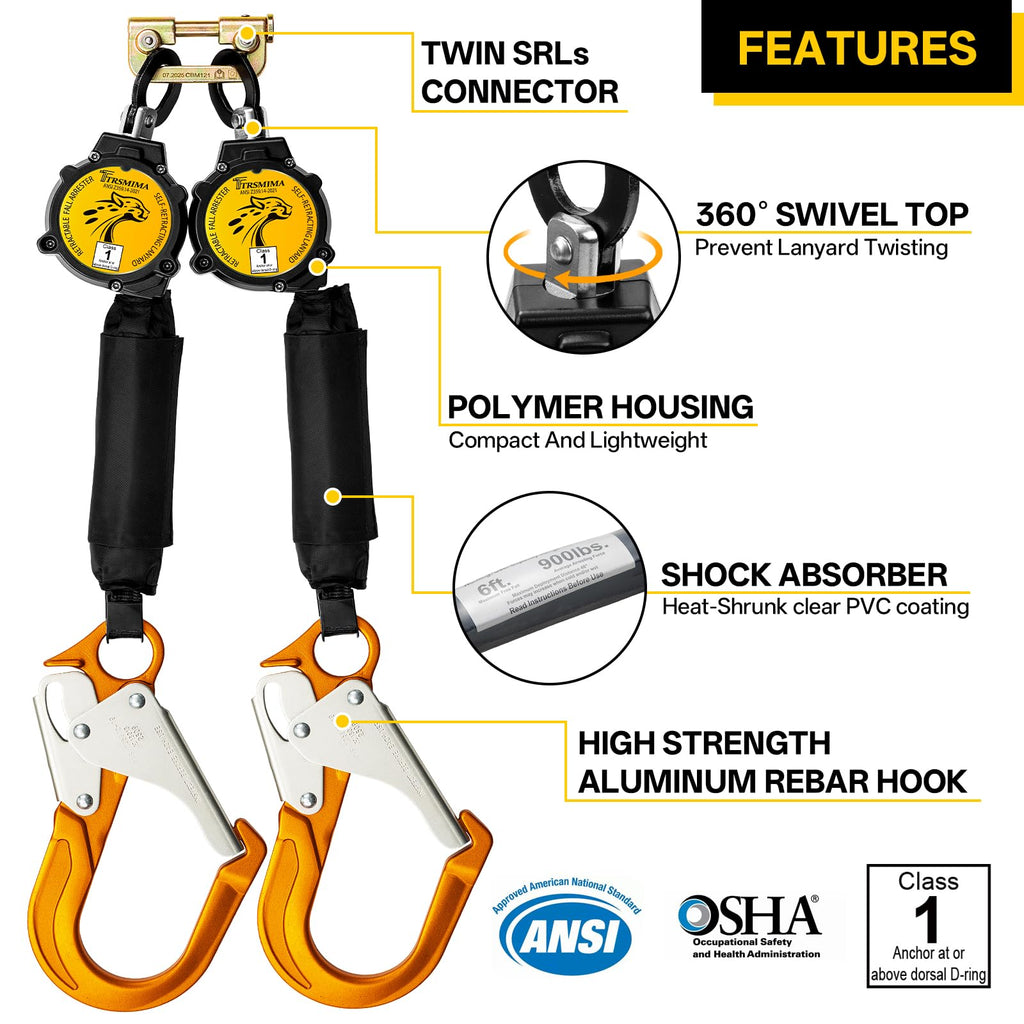 TRSMIMA Fall Protection Retractable Lanyard - SEL Fall Protection 6FT Twin